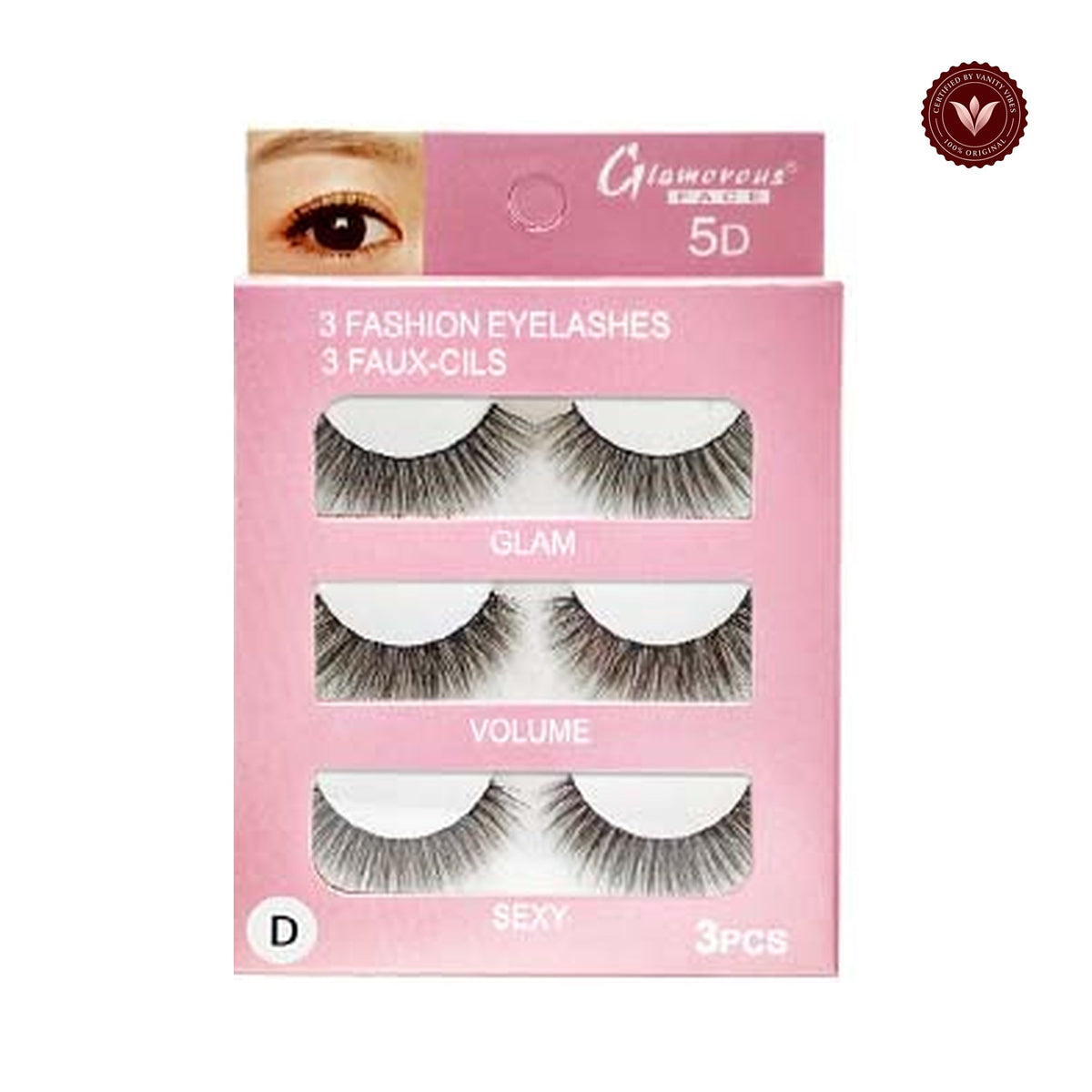 Glamorous Face 3×1 5D Eyelashes Group D on a white background with Vanity Vibes badge