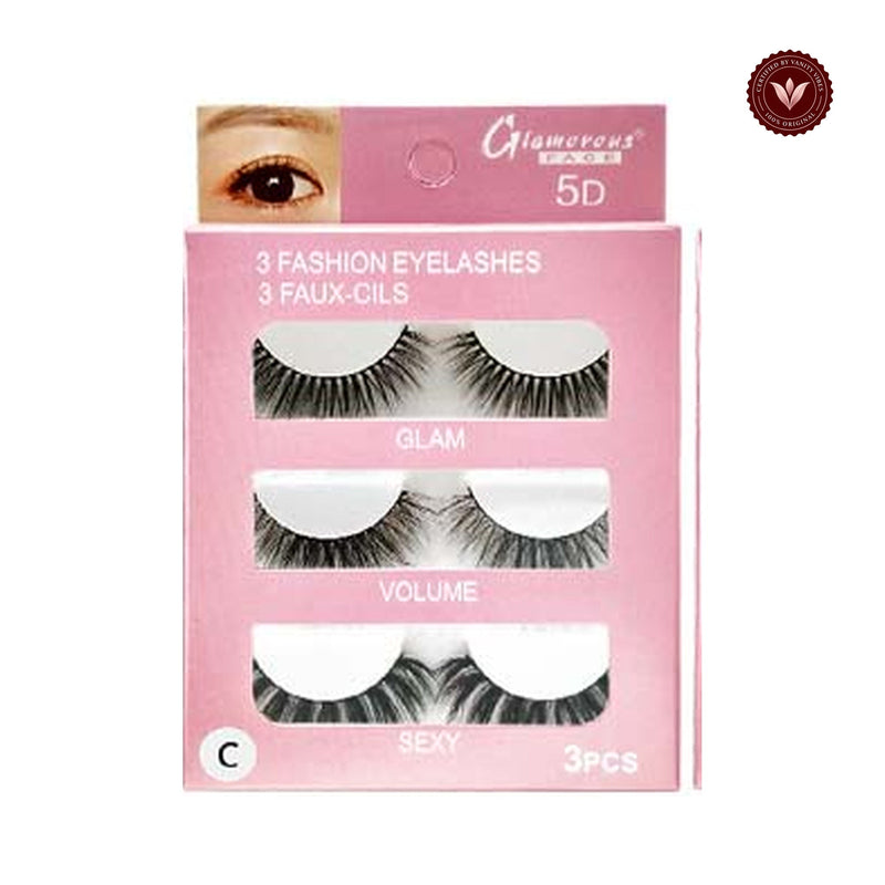 Glamorous Face 3×1 5D Eyelashes Group C on a white background with Vanity Vibes badge