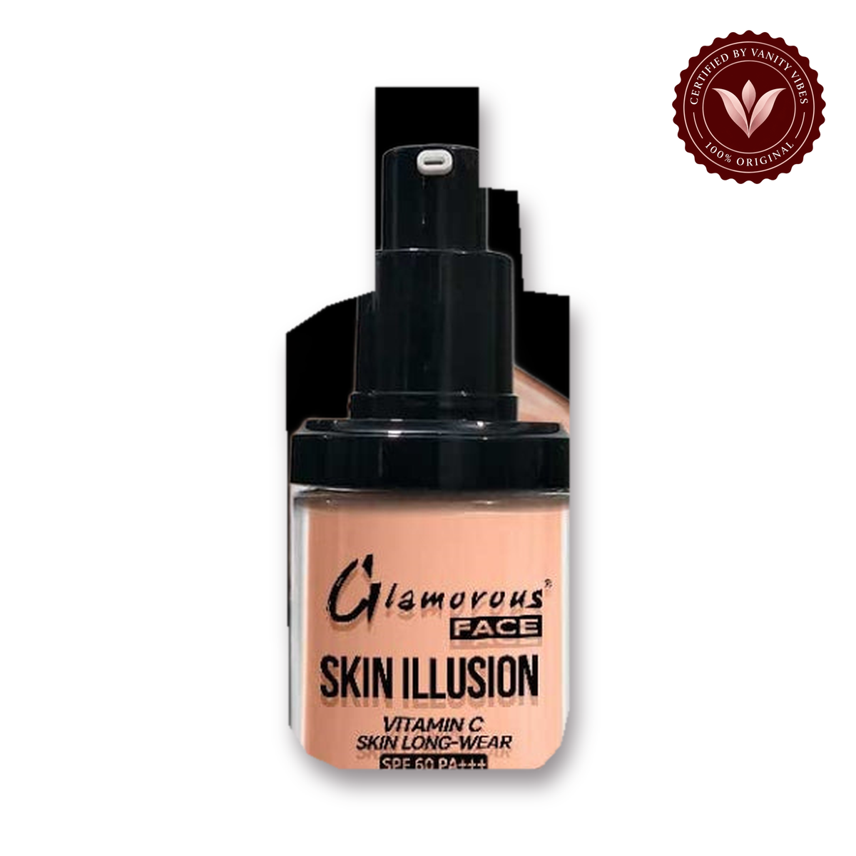 Glamorous Face Skin Illusion Vitamin C Liquid Foundation 25ml (SHADE:140) white background product hero with Vanity Vibes badge