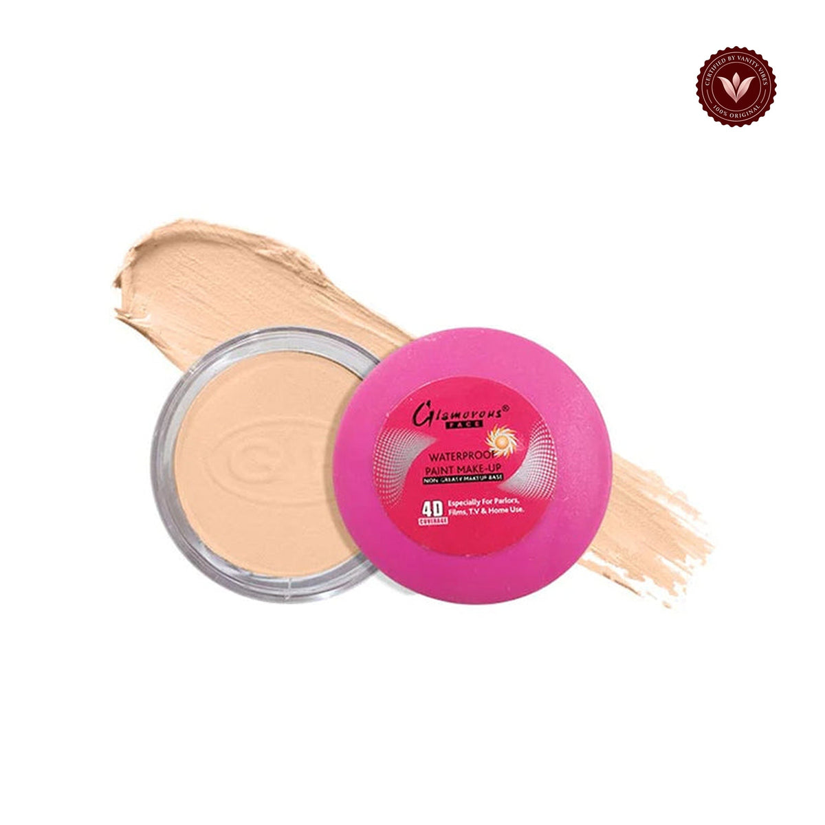 Glamorous Face 4D Foundation Jar Shade 45 on a white background with Vanity Vibes badge