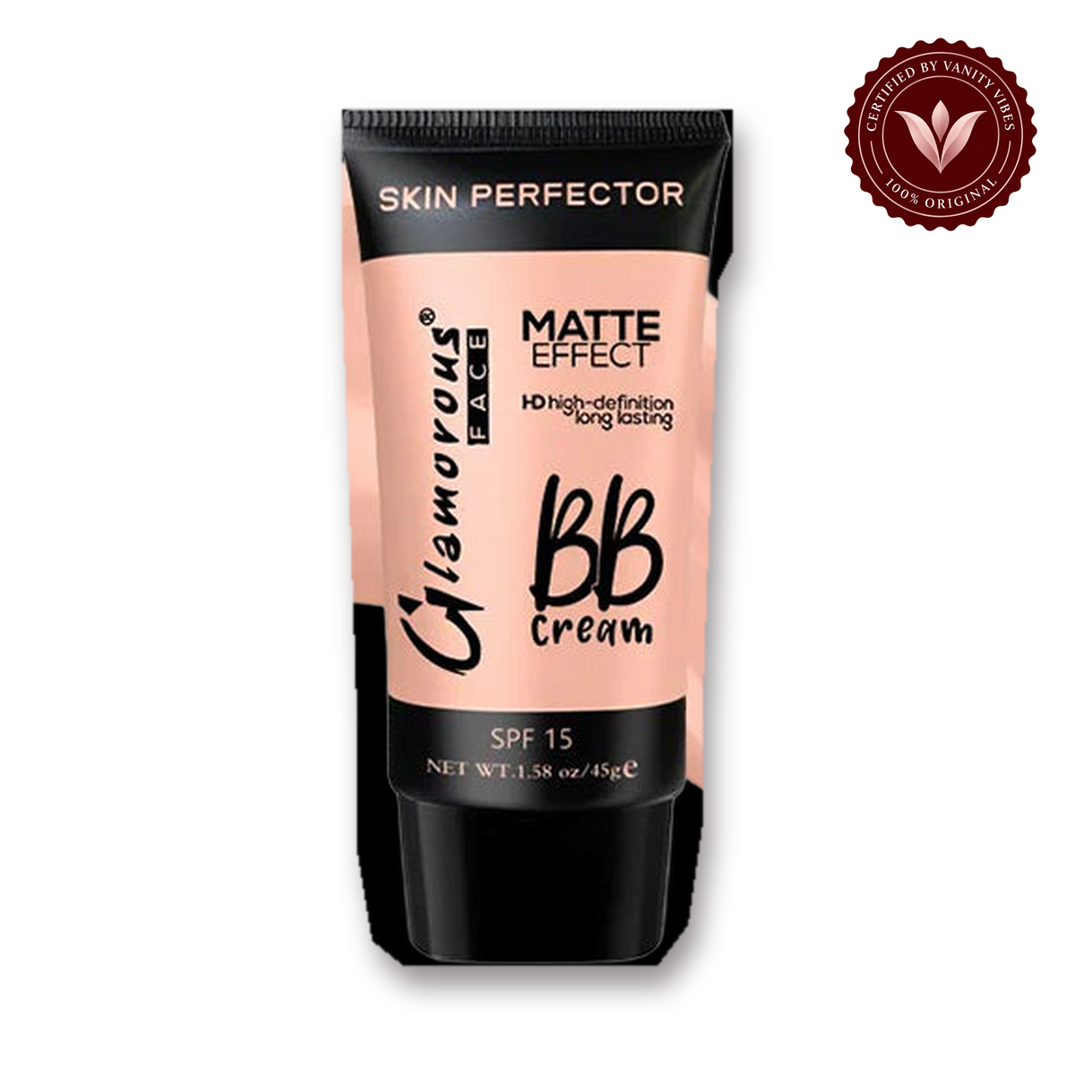 Glamorous Face Matte Effect BB Cream spf 15 (Shade:104 Natural Nude) white background product hero with Vanity Vibes badge