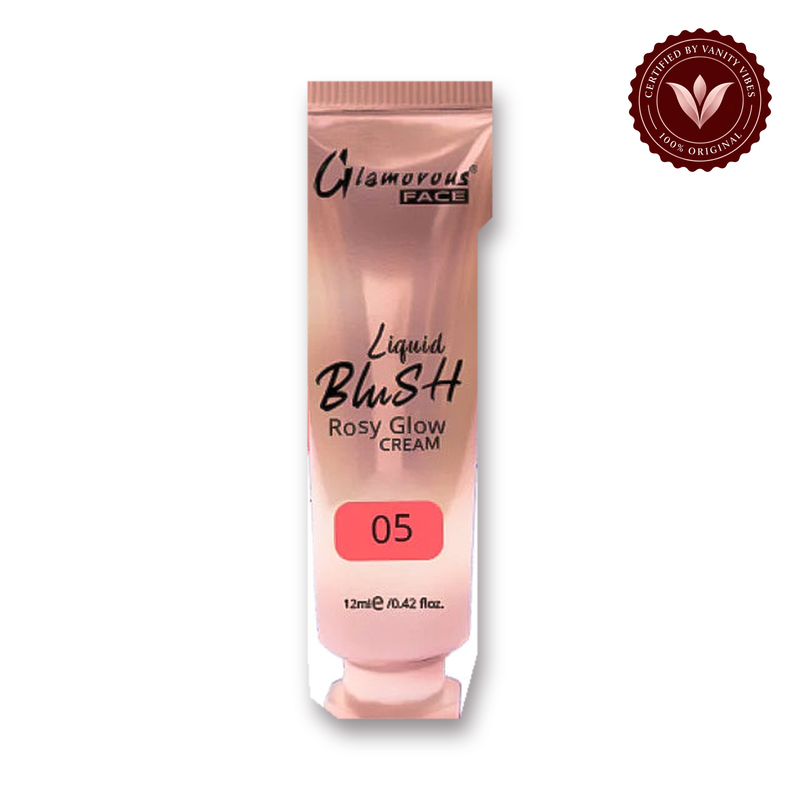 Glamorous Face Rosy Glow Liquid Blush Cream 12ml (Shade:05) white background product hero with Vanity Vibes badge