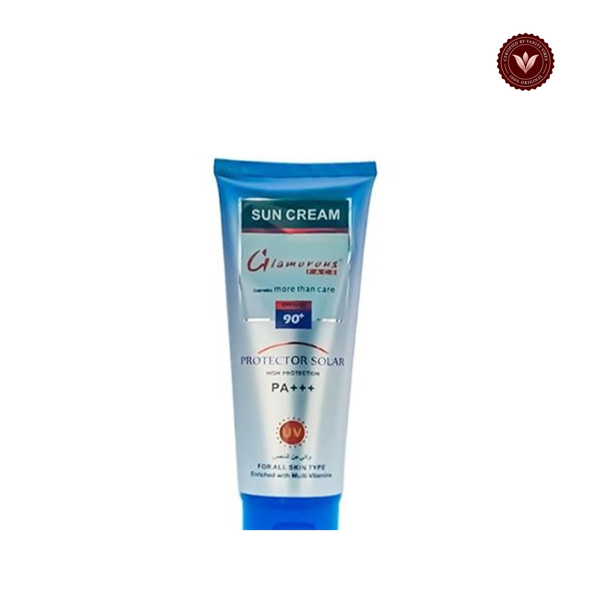 Glamorous Face Sun Cream Sunblock UV 90+ white-background product hero with Vanity Vibes badge