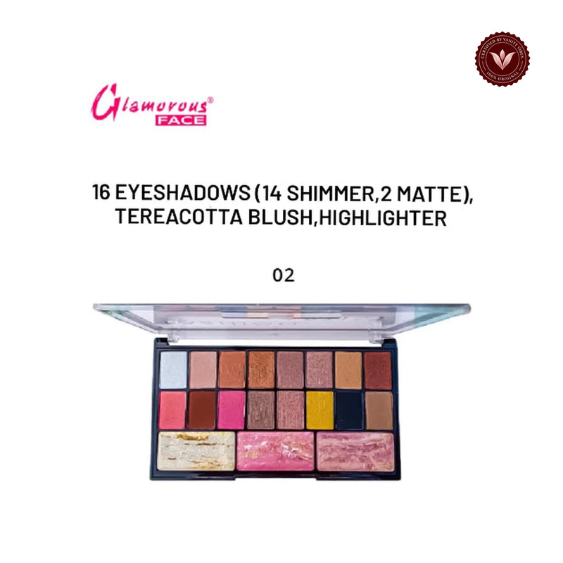 Glamorous Face Eyeshadow Palette 14 Shimmer, 2 Matte, Terracotta Blush, Highlighter (02)