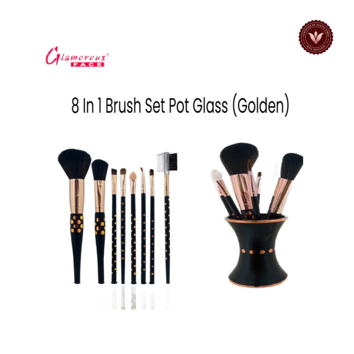 Glamorous Face 8 in 1 Brush Sets Pot Glass (Golden)