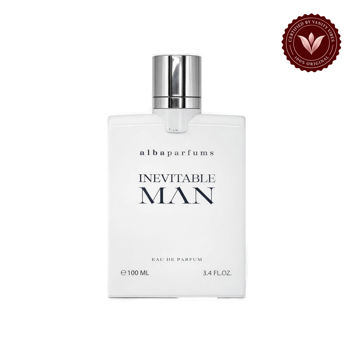 Alba Inevitable Man; single front-facing product, transparent background, Vanity Vibes badge