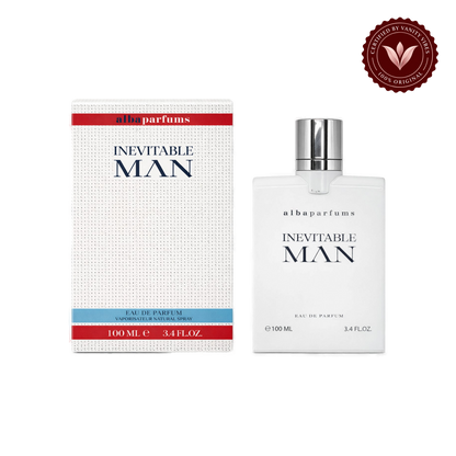 Alba Inevitable Man; bottle and box, transparent background, Vanity Vibes badge