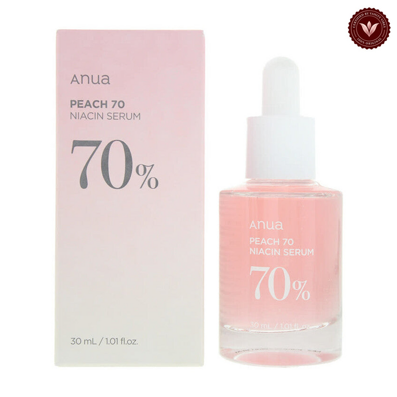 Anua Peach 70 Niacin Serum 30ml – Brightening & Hydrating front image on white with Vanity Vibes seal
