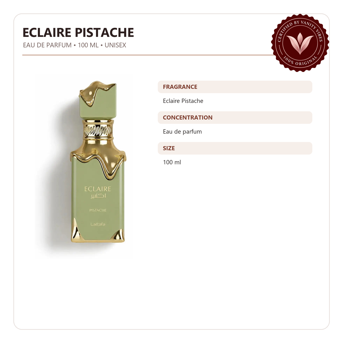 Lattafa Eclaire Pistache Perfume EDP 100ml Long Lasting Arabic Fragrance Unisex — fragrance details and features — Vanity Vibes