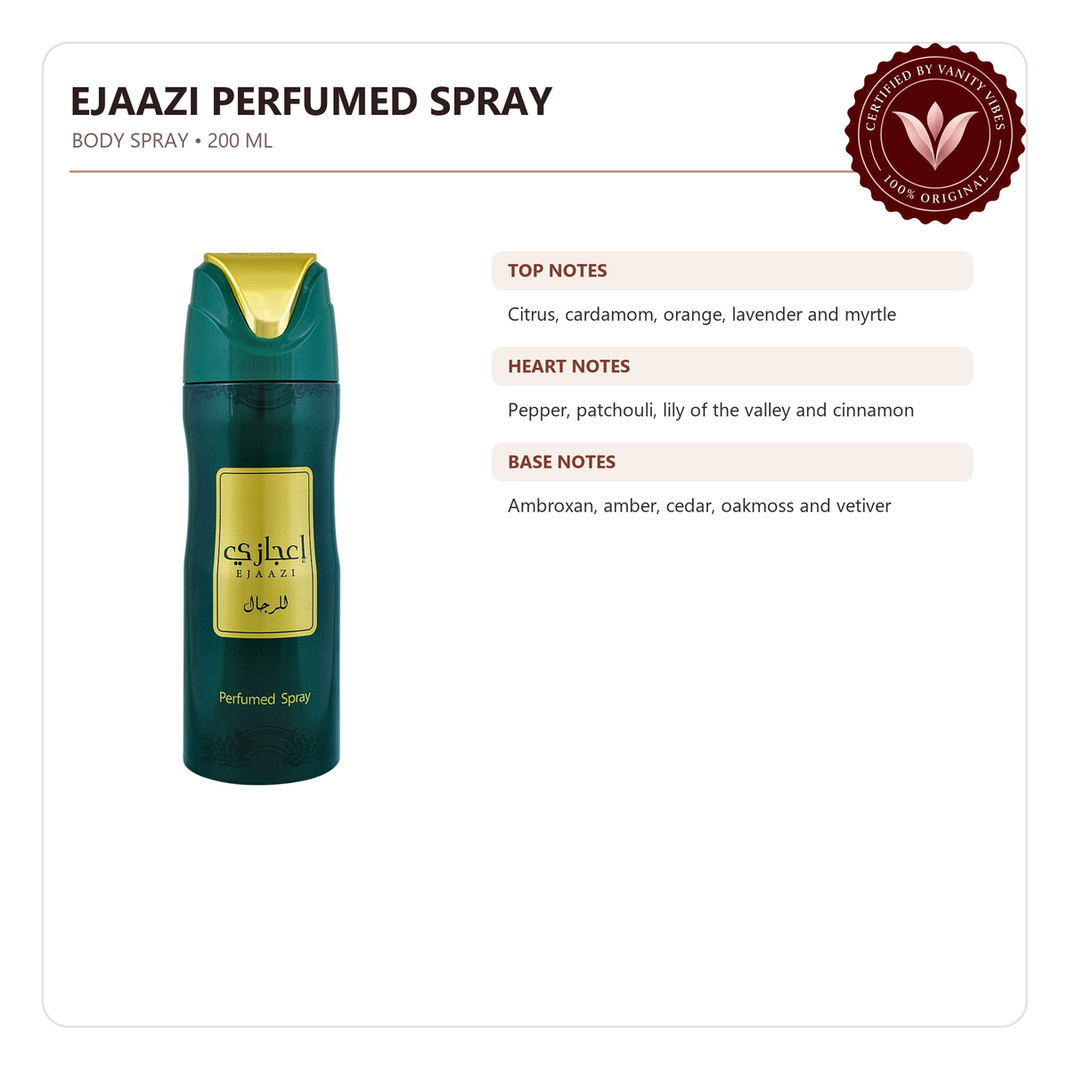Lattafa Ejaazi Unisex Deodorant Body Spray 200 ml Fresh Fragrance & All-Day Protection — fragrance details and features — Vanity Vibes