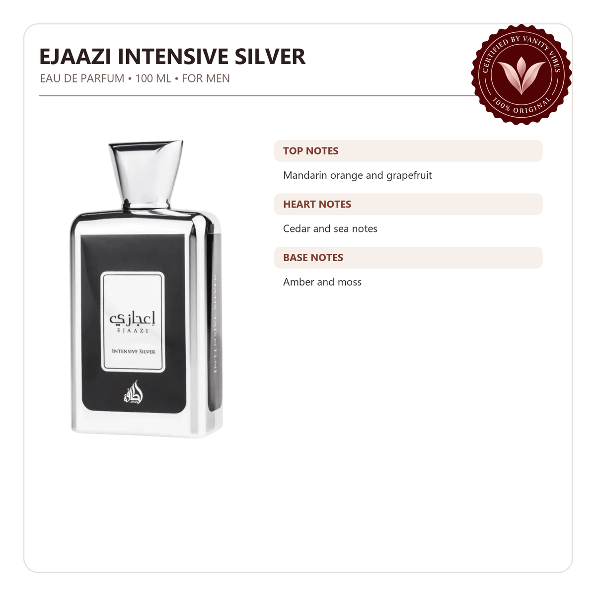 Lattafa Ejaazi Intensive Silver for Men Eau de Parfum Spray 100ml — fragrance details and features — Vanity Vibes