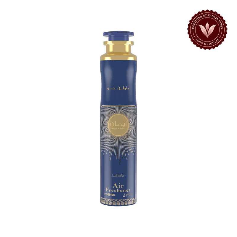 Lattafa Emaan Air Freshener 300ml - Long Lasting Luxury Floral Fresh Room Spray for Home & Office — front product centered on white — Vanity Vibes