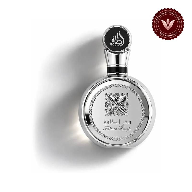 Lattafa Fakhar Platinum for Men EDP 100ml - Long Lasting Fresh & Woody Perfume (2025 New Arrival) — front product centered on white — Vanity Vibes