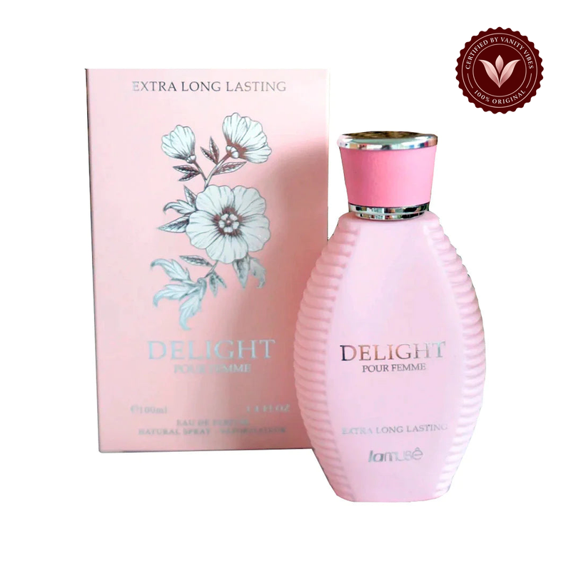 Lattafa LaMuse Delight 100ml Edp — alternate product and packaging view on white with Vanity Vibes badge