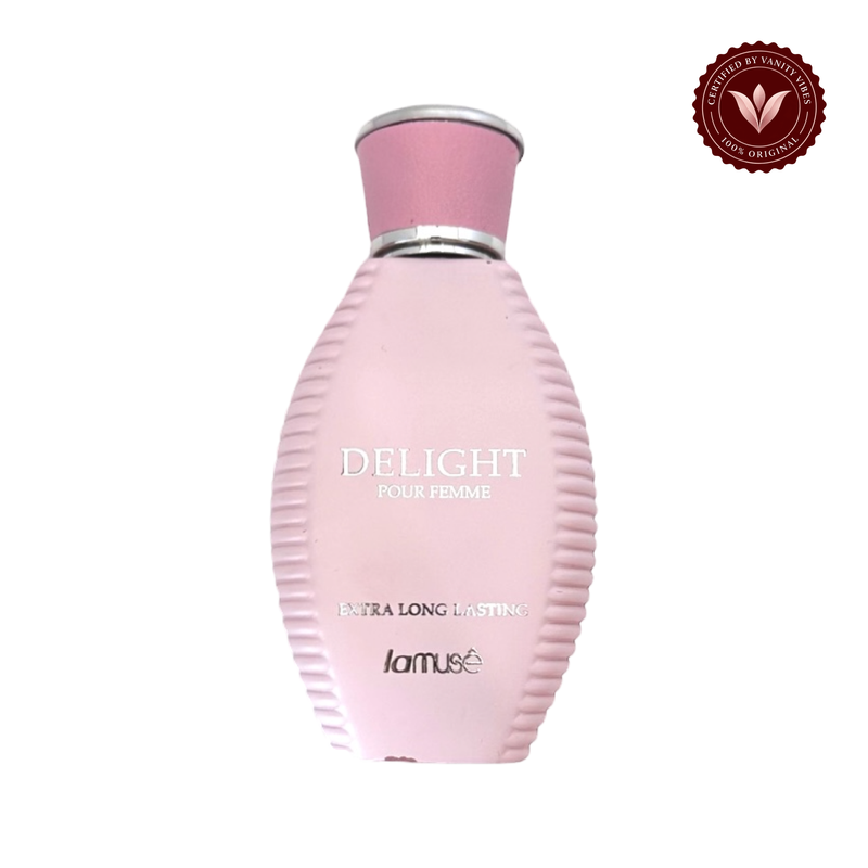 Lattafa LaMuse Delight 100ml Edp — centered front product on white with Vanity Vibes badge