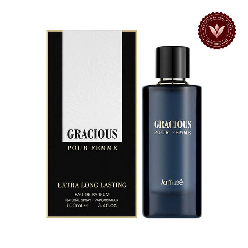 Lattafa Lamuse Gracious Eau de Parfum, 100 ml — alternate product and packaging view on white with Vanity Vibes badge