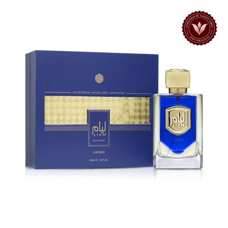 Lattafa Liam Blue Shine Perfume EDP 100ml Long Lasting Arabic Fragrance - Unisex — alternate product and packaging view on white with Vanity Vibes badge