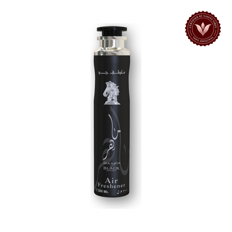 Lattafa Maahir Black Air Freshener 300ml — centered front product on white with Vanity Vibes badge
