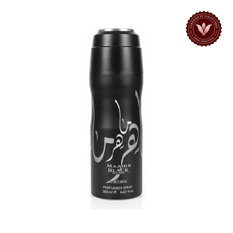 Lattafa Maahir Black Edition Body Spray for Men & Women 200ml — centered front product on white with Vanity Vibes badge
