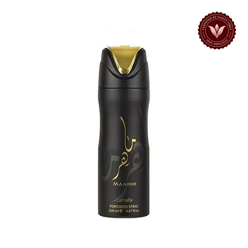 Lattafa Maahir Deodorant Spray Unisex 200 ml Long-Lasting Freshness & Premium Fragrance — alternate product and packaging view on white with Vanity Vibes badge