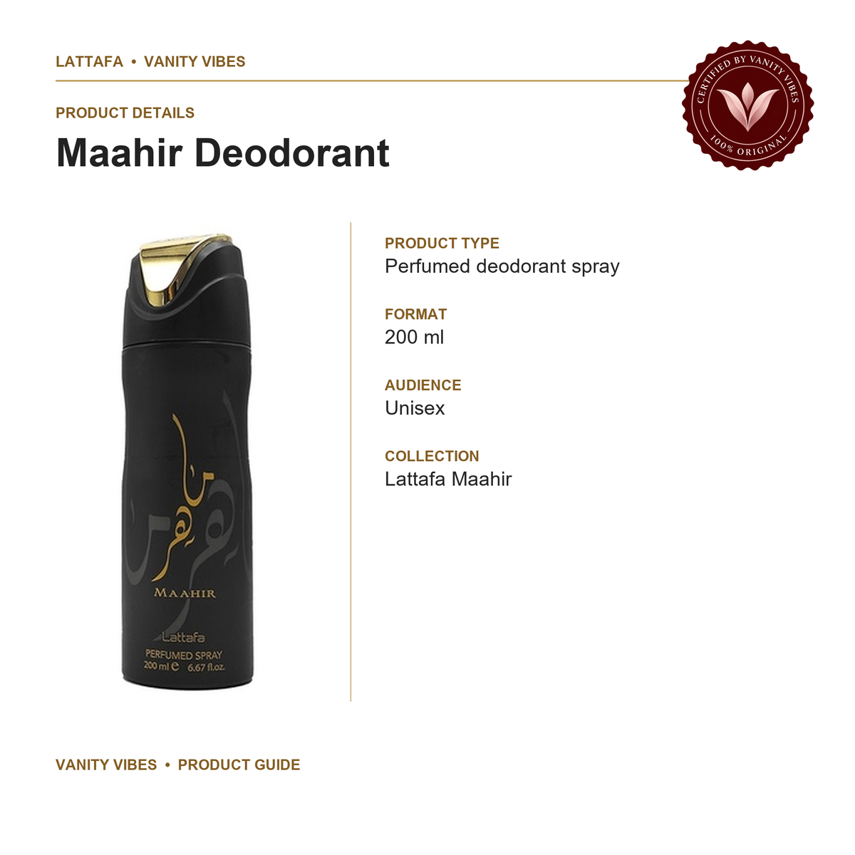 Lattafa Maahir Deodorant Spray Unisex-200ml — product feature and fragrance details