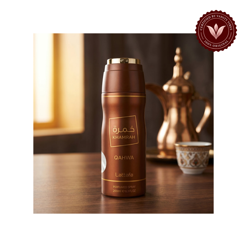 Khamrah Qahwa by Lattafa Perfumed Deodorant Spray 200 ml Long-Lasting Freshness & Warm Gourmand Fragrance — alternate product view on white background — Vanity Vibes