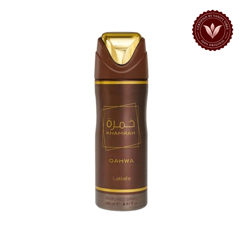 Khamrah Qahwa by Lattafa Perfumed Deodorant Spray 200 ml Long-Lasting Freshness & Warm Gourmand Fragrance — front product on white background — Vanity Vibes