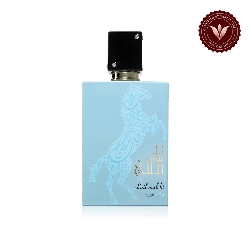 Lail Maleki Moroccan Blue by Lattafa EDP 100 ml for Men — alternate product view on white background — Vanity Vibes