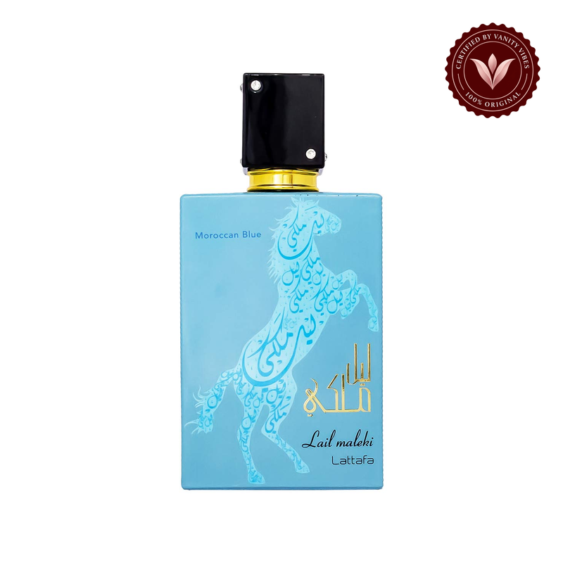 Lail Maleki Moroccan Blue by Lattafa EDP 100 ml for Men — front product on white background — Vanity Vibes