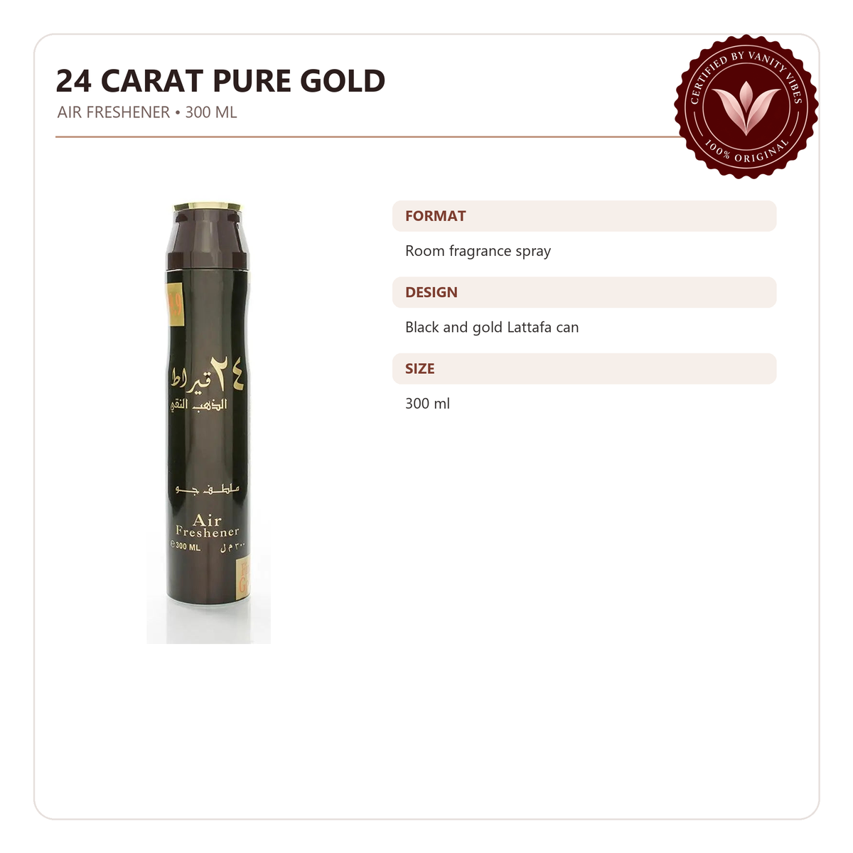 Lattafa 24 Carat Pure Gold Air Freshener-300ml — product features and fragrance notes — Vanity Vibes
