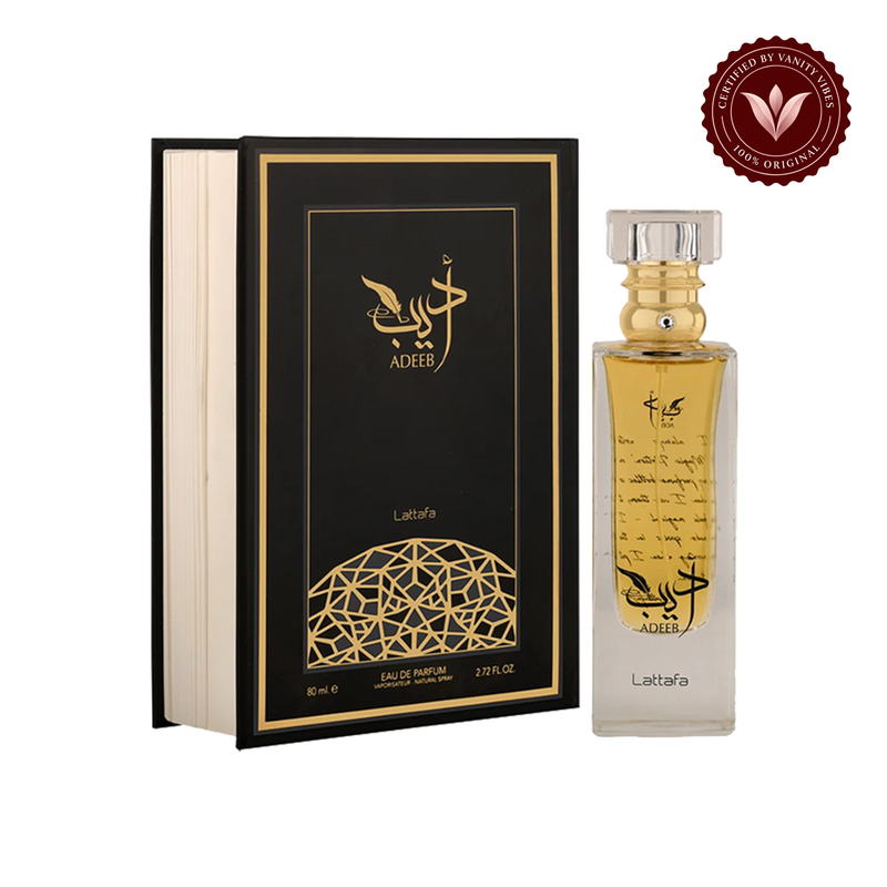 Lattafa Adeeb Eau de Parfum 80ml - Long Lasting Original Elegant Unisex Fragrance for Men & Women — alternate product view on white background — Vanity Vibes