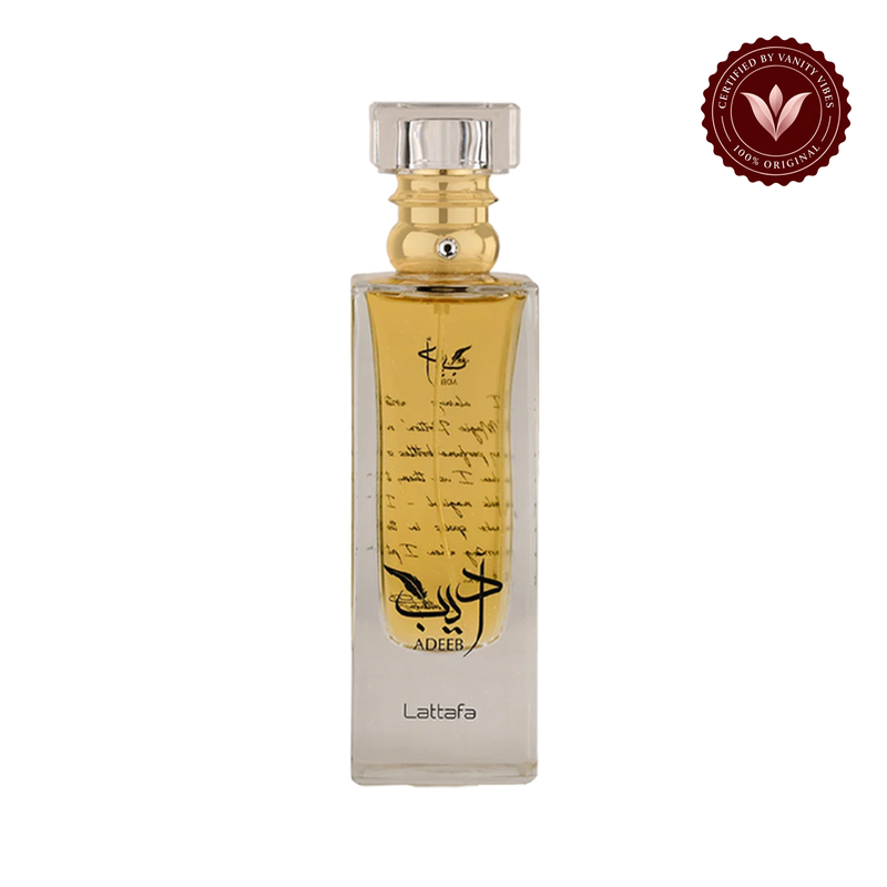 Lattafa Adeeb Eau de Parfum 80ml - Long Lasting Original Elegant Unisex Fragrance for Men & Women — front product on white background — Vanity Vibes