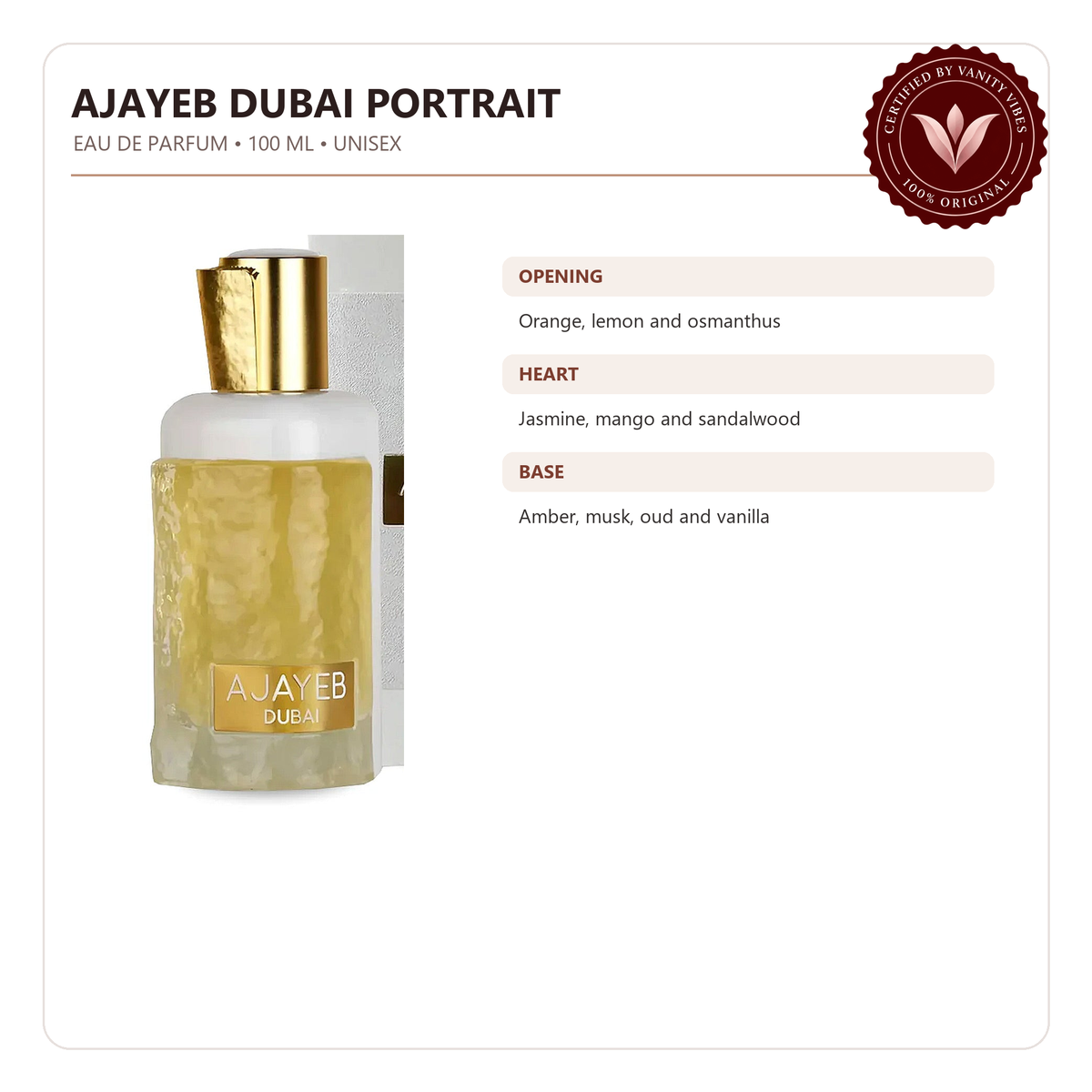 Lattafa Ajayeb Dubai Portrait EDP 100ml - Unisex Perfume — product features and fragrance notes — Vanity Vibes