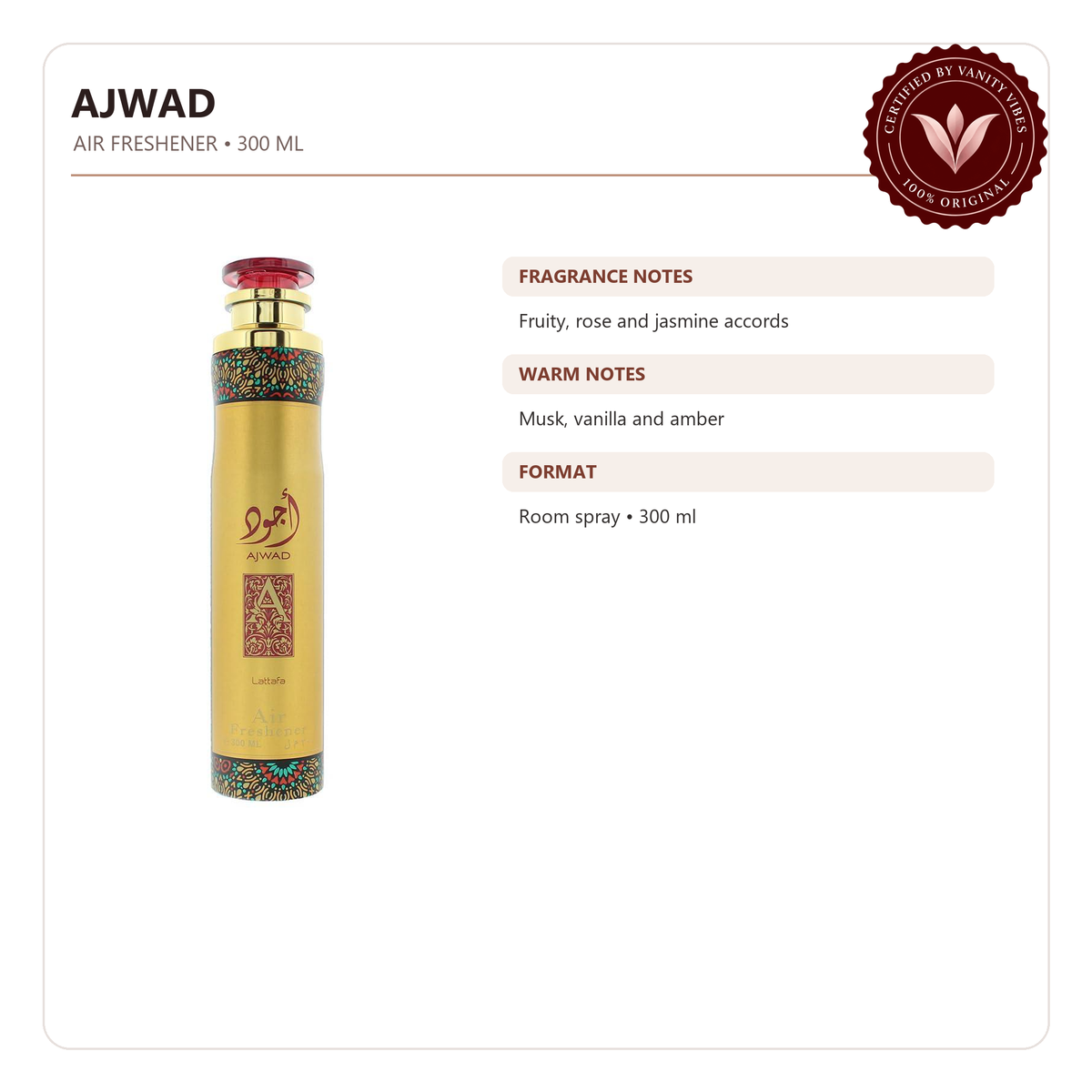 Lattafa Ajwad Air Freshener 300ml - Long Lasting Luxury Sweet Fruity Floral Room Spray for Home & Office — product features and fragrance notes — Vanity Vibes