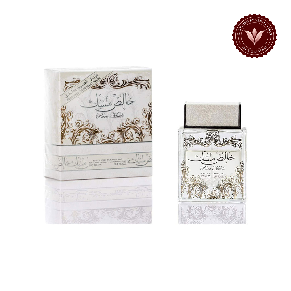 Lattafa Khalis Musk Pure Musk White EDP 100ml — alternate product packaging view on white with Vanity Vibes badge
