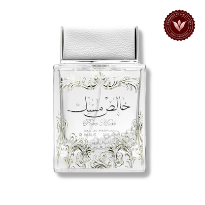 Lattafa Khalis Musk Pure Musk White EDP 100ml — centered front product photo on white with Vanity Vibes badge