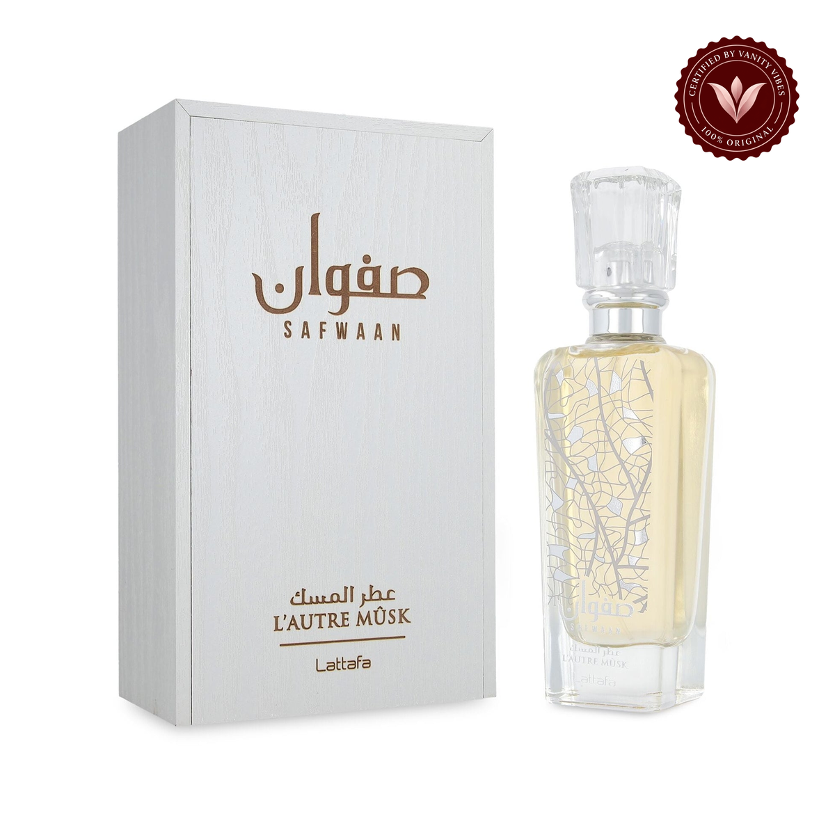 Lattafa product and packaging on white background with Vanity Vibes badge