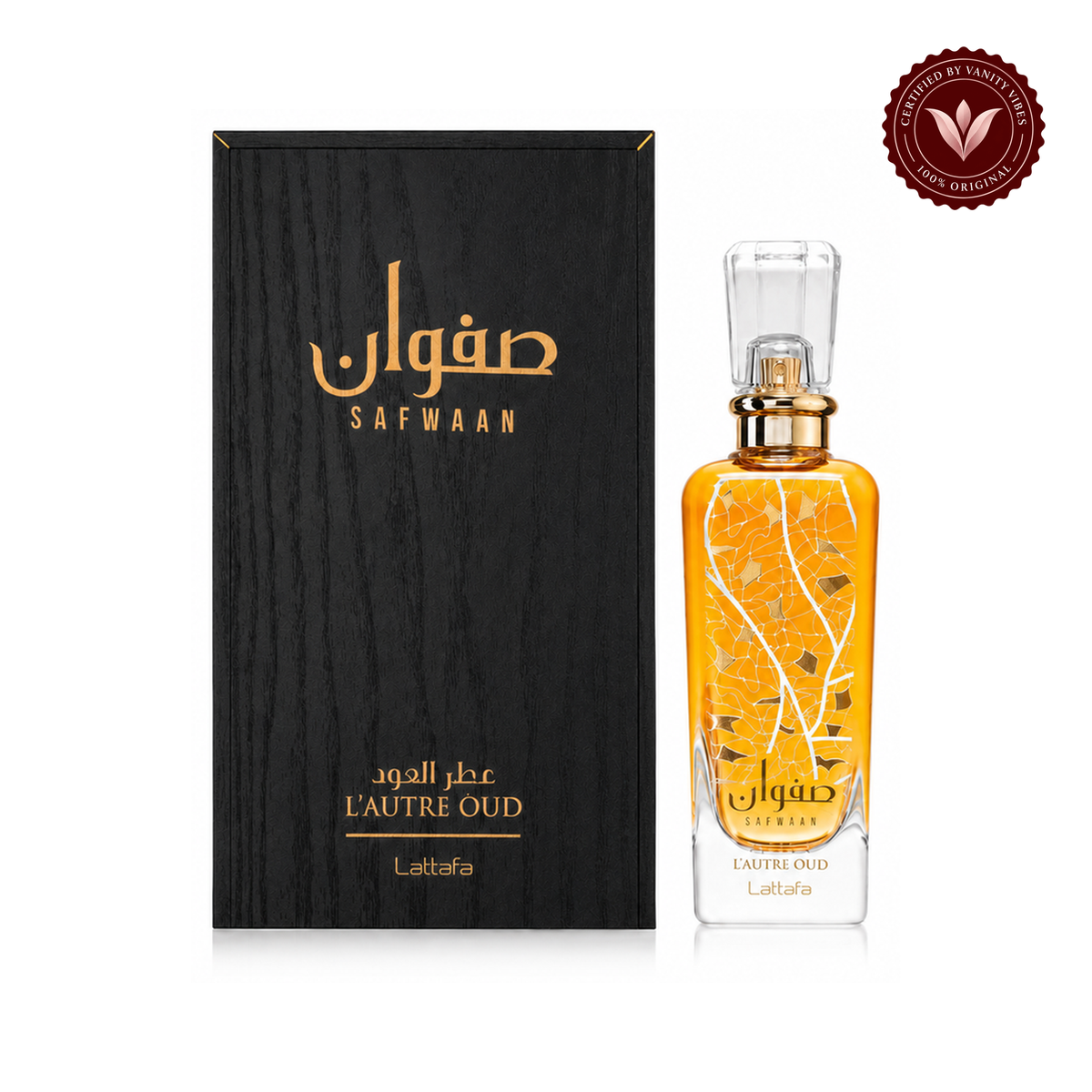 Lattafa product and packaging on white background with Vanity Vibes badge