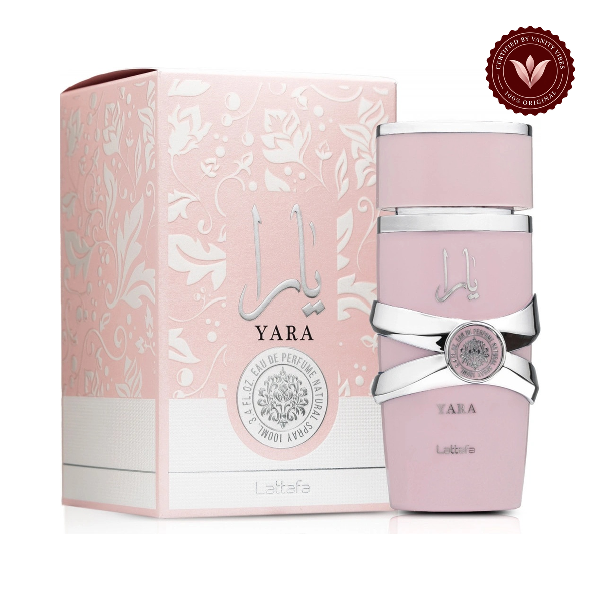 Lattafa product and packaging on white background with Vanity Vibes badge