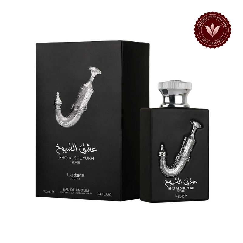 Lattafa Ishq Al Shuyukh Silver EDP — alternate product packaging view on white with Vanity Vibes badge