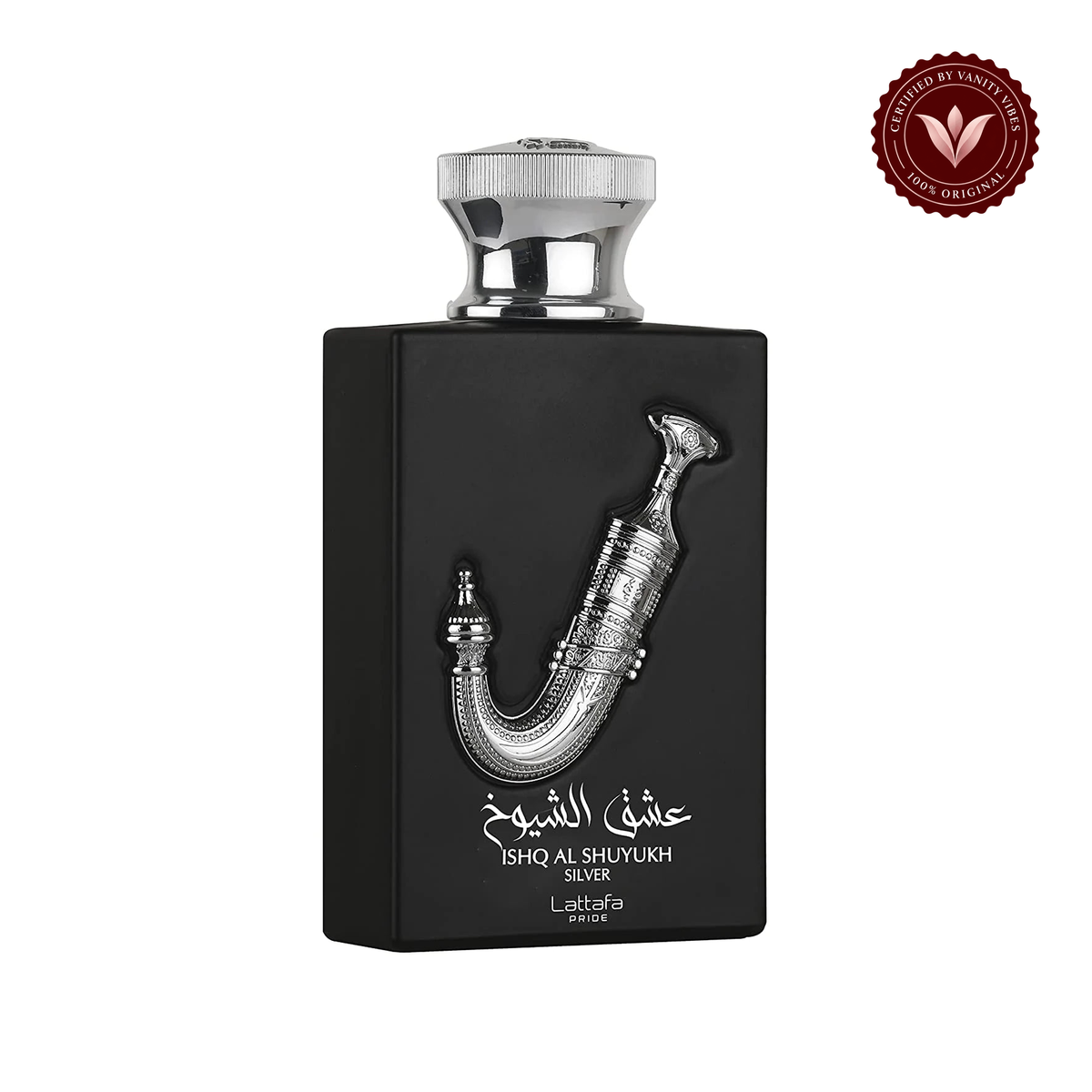 Lattafa Ishq Al Shuyukh Silver EDP — centered front product photo on white with Vanity Vibes badge