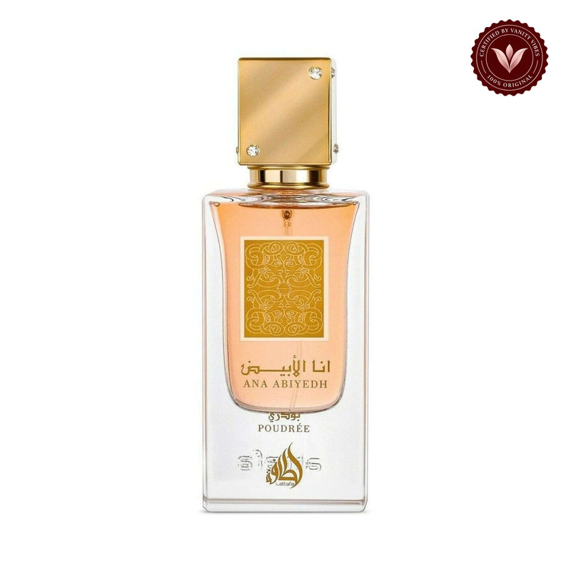 Lattafa Ana Abiyedh Poudree for Women Eau de Parfum Spray 60ml product on white background with Vanity Vibes badge