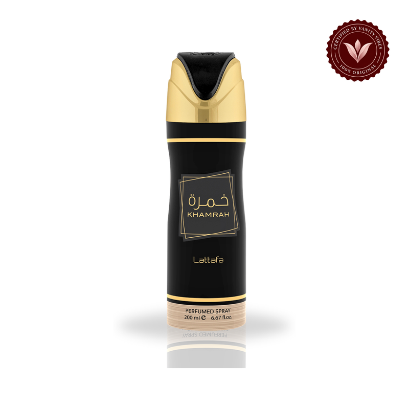 Lattafa Khamrah Deodorant Spray 200ml — alternate product and packaging view on white with Vanity Vibes badge