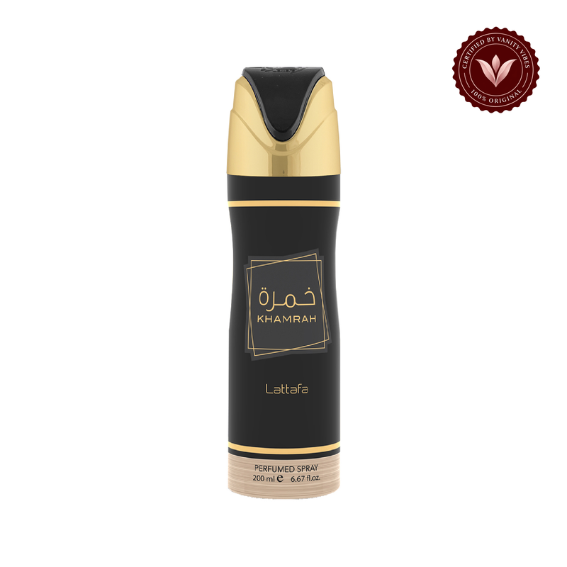 Lattafa Khamrah Deodorant Spray 200ml — centered front product photo on white with Vanity Vibes badge