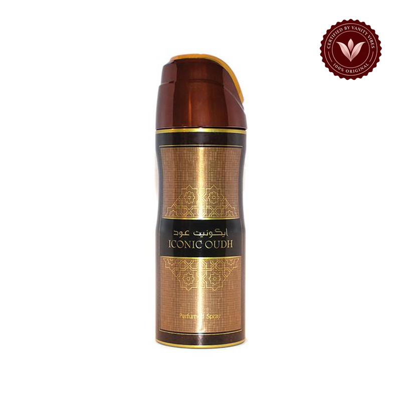 Lattafa Iconic Oudh Deodorant Spray Unisex 200ml — alternate product packaging view on white with Vanity Vibes badge