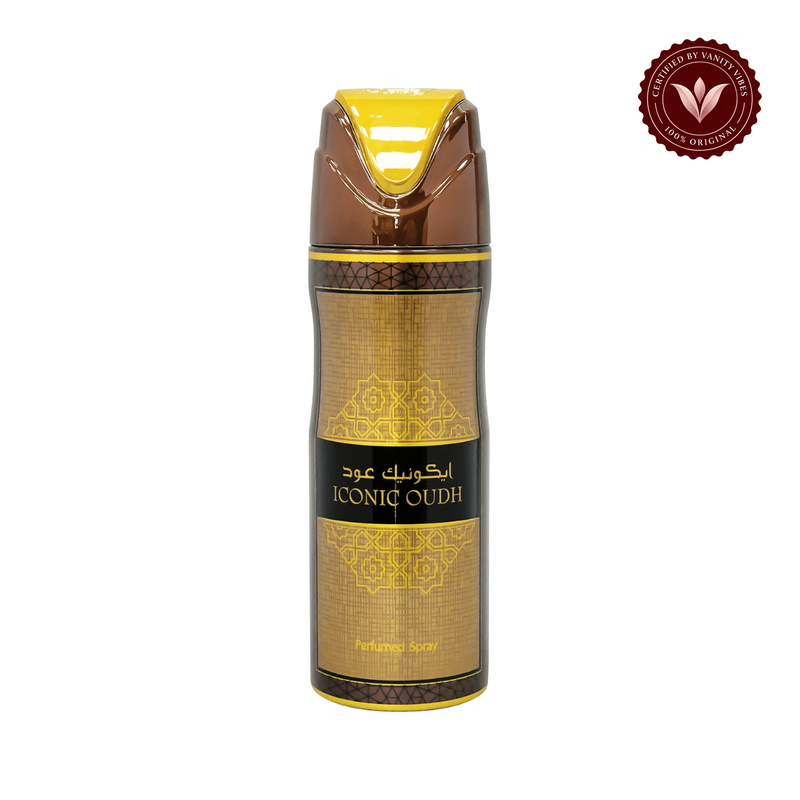 Lattafa Iconic Oudh Deodorant Spray Unisex 200ml — centered front product photo on white with Vanity Vibes badge
