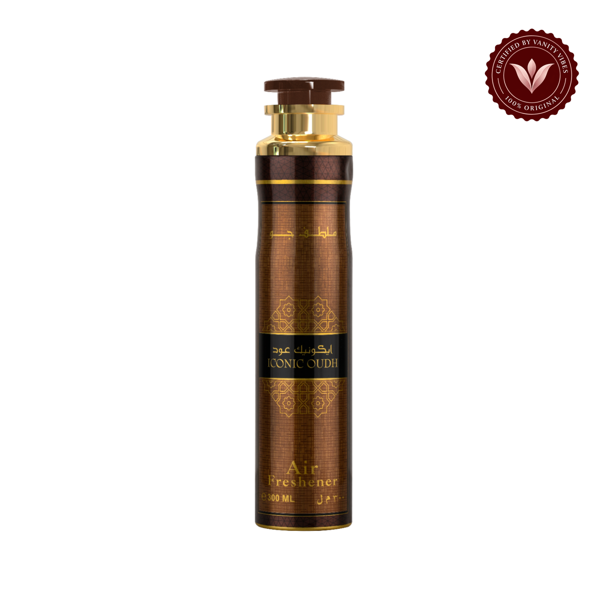 Lattafa Iconic Oud Air Freshener 300ml — centered front product photo on white with Vanity Vibes badge