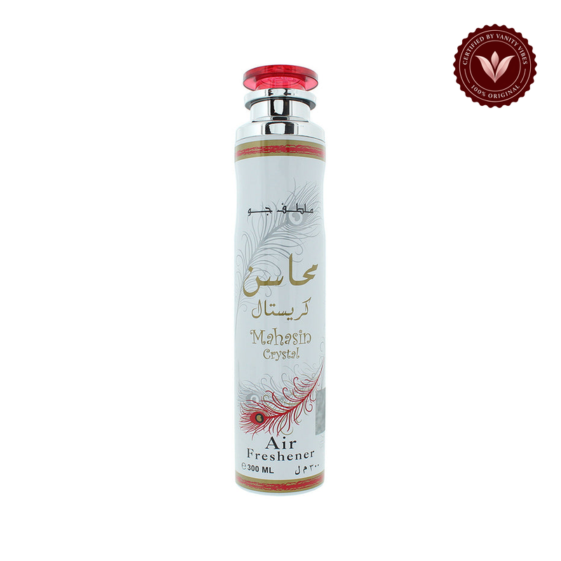 Lattafa Mahasin Crystal Air Freshener 300ml single can centered on white with Vanity Vibes badge