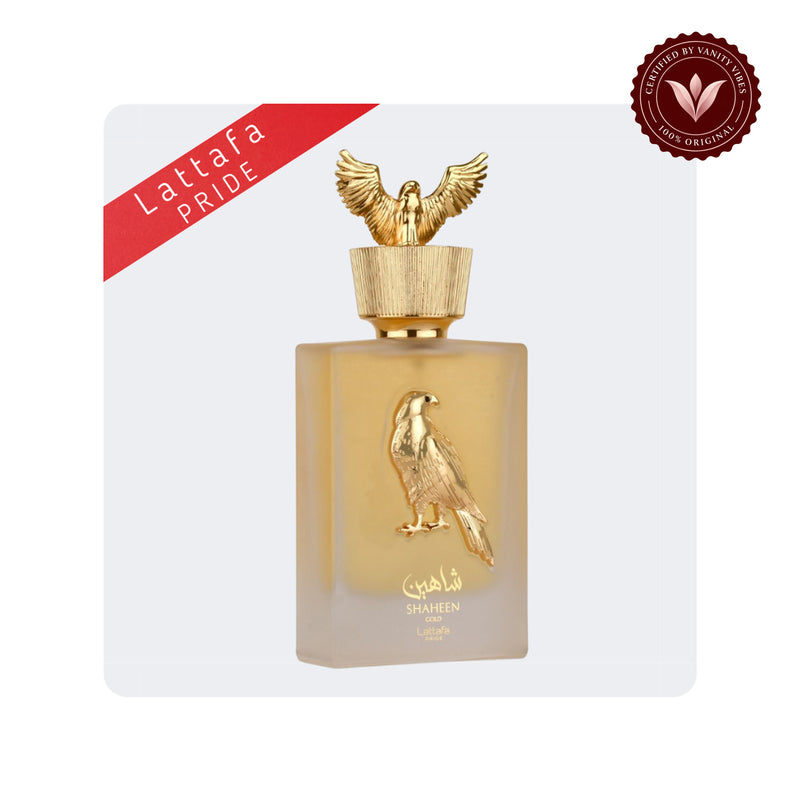 LATTAFA PRIDE SHAHEEN GOLD EDP TESTER-20ML POCKET SPRAY — secondary product image on white background with Vanity Vibes badge