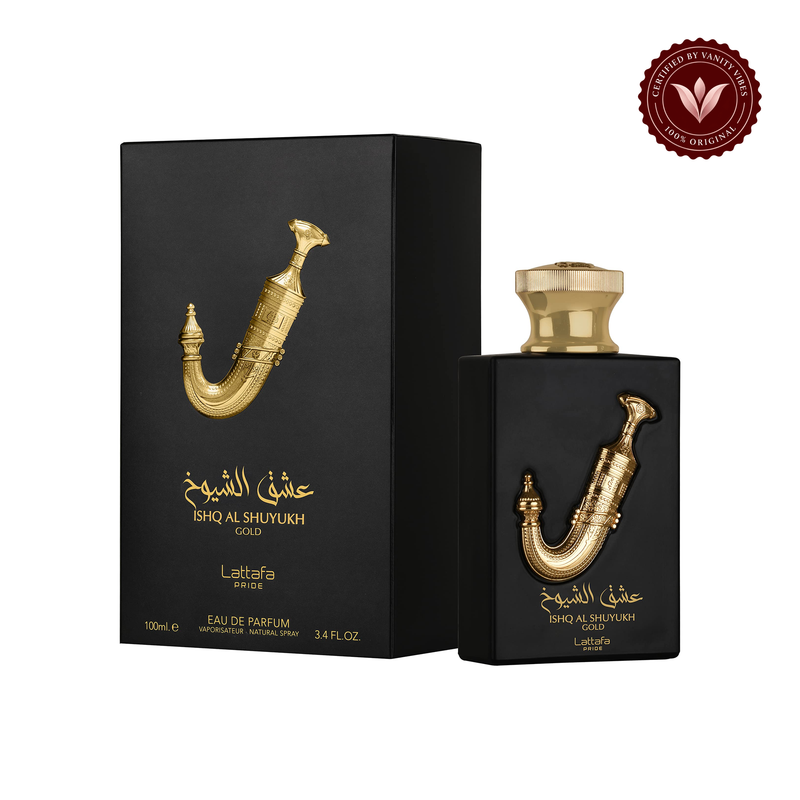 Lattafa Ishq Al Shuyukh Gold EDP 100ml — alternate product packaging view on white with Vanity Vibes badge